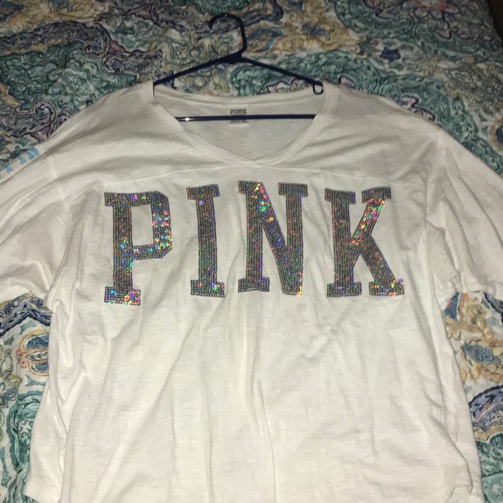 PINK Glitter Lettered 3/4 Sleeve Top